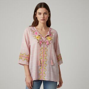 Paparazzi Pink Embroidered Cotton-Blend Tunic Top Boho Women's Size Medium